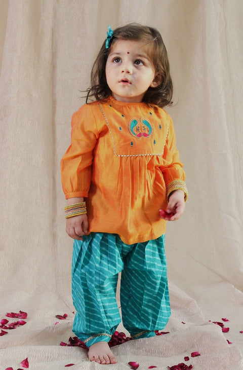 Pre-Order:  Baby Girl Peacock Angrakha Set - Orange