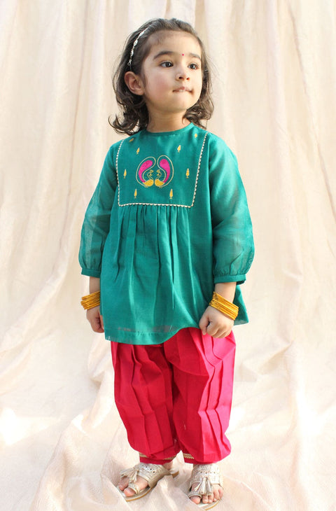 Pre-Order:  Baby Girl Peacock Angrakha Set - Green