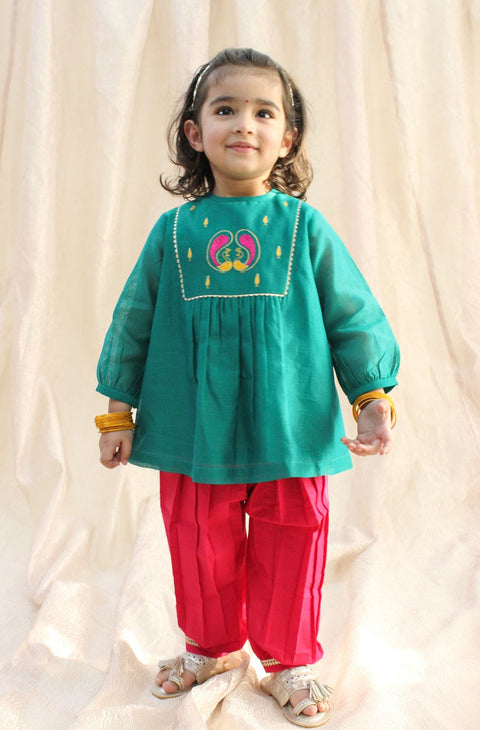 Pre-Order:  Baby Girl Peacock Angrakha Set - Green