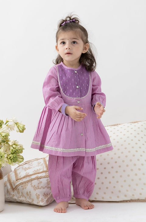 Pre-Order: Baby Girl Stripes Lurex Angrakha Set-Purple