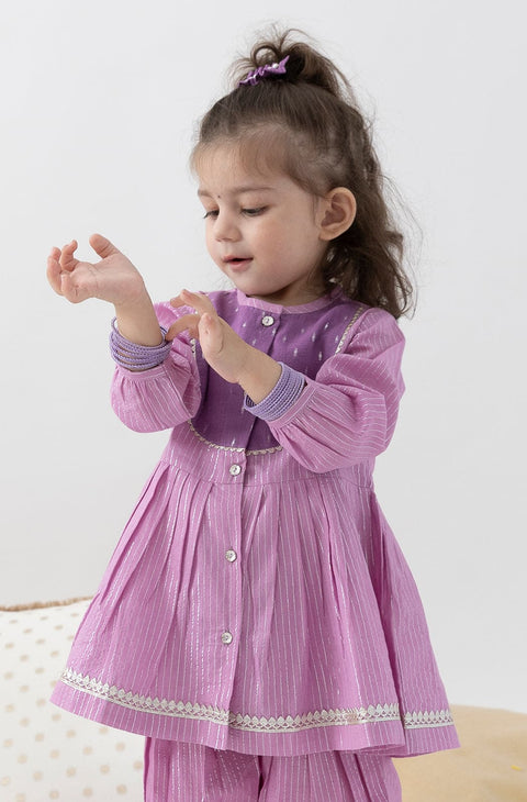 Pre-Order: Baby Girl Stripes Lurex Angrakha Set-Purple