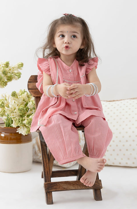 Pre-Order: Baby Girl Stripes Lurex Suit Set-Pink