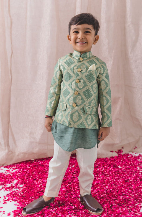 Pre-Order: Boy Riwayat Brocade Bandhgala Set - Green