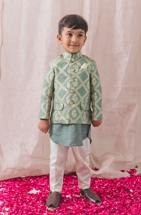 Pre-Order: Boy Riwayat Brocade Bandhgala Set - Green