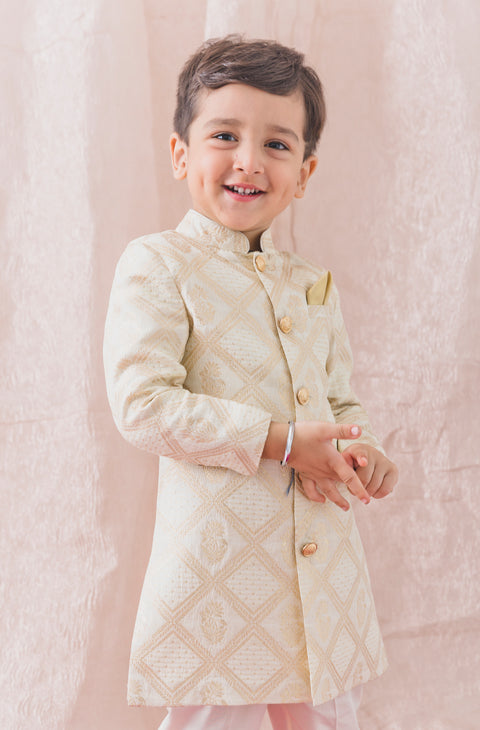 Pre-Order: Boy Khwabeeda Brocade Sherwani Set - Cream