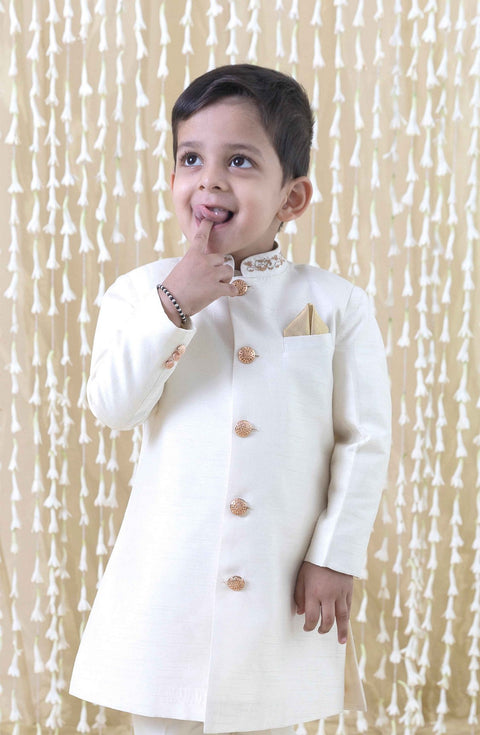 Pre-Order: Boy Silk Sherwani-Cream