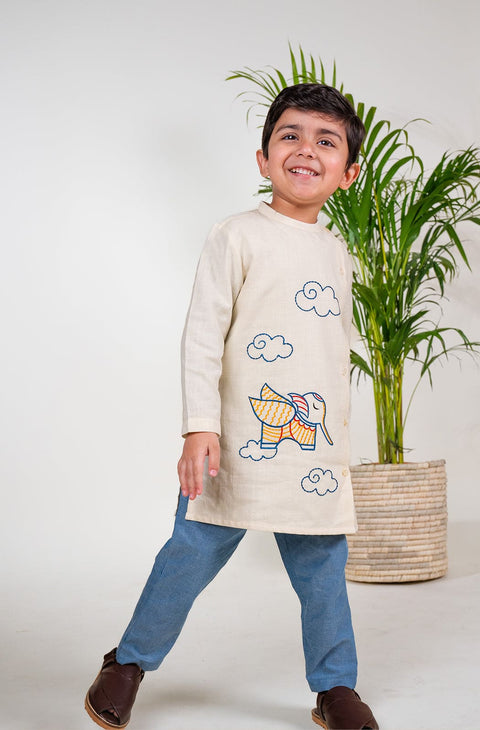 Boy Elephant Kurta Pyjama Set - Cream