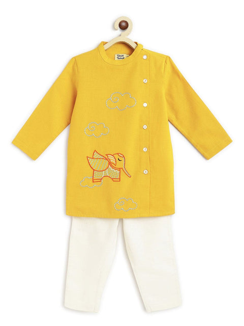 Pre-Order: Boy Elephant Kurta Pyjama Set - Yellow