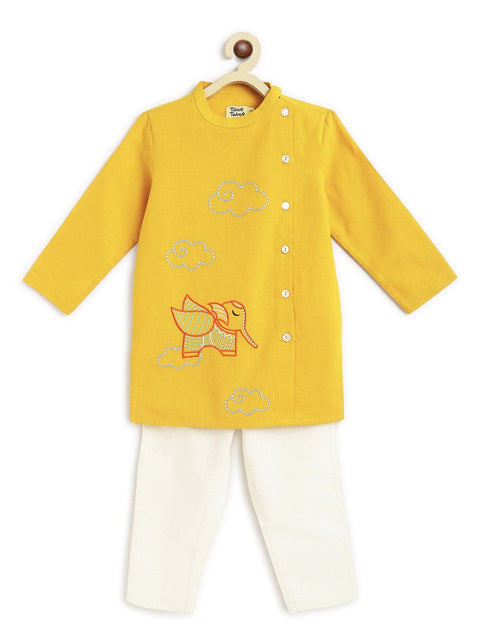 Boy Elephant Kurta Pyjama Set - Yellow