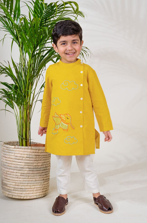Pre-Order: Boy Elephant Kurta Pyjama Set - Yellow