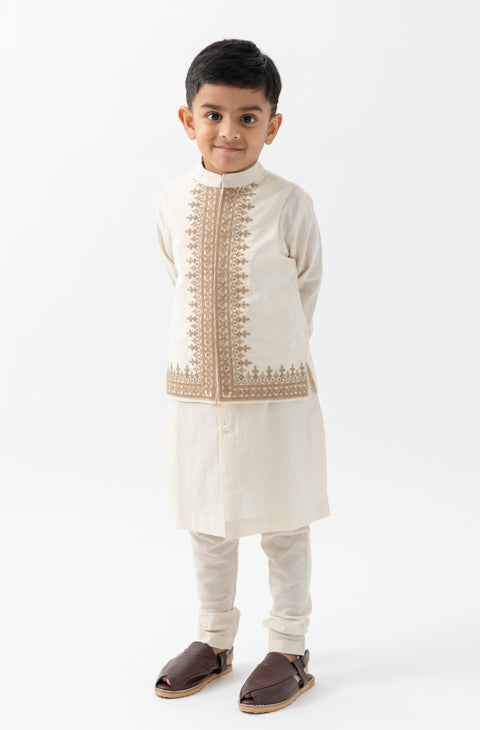 Pre-Order: Boy Embroidered Bundi Jacket-Cream
