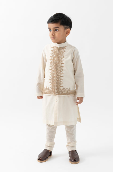 Pre-Order: Boy Embroidered Bundi Jacket-Cream