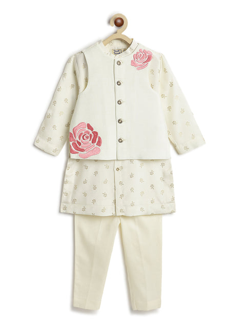 Pre-Order: Boy Floral Embroidery 3 Pc Bundi Set - Cream