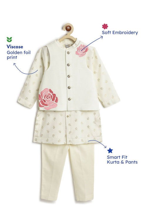 Pre-Order: Boy Floral Embroidery 3 Pc Bundi Set - Cream