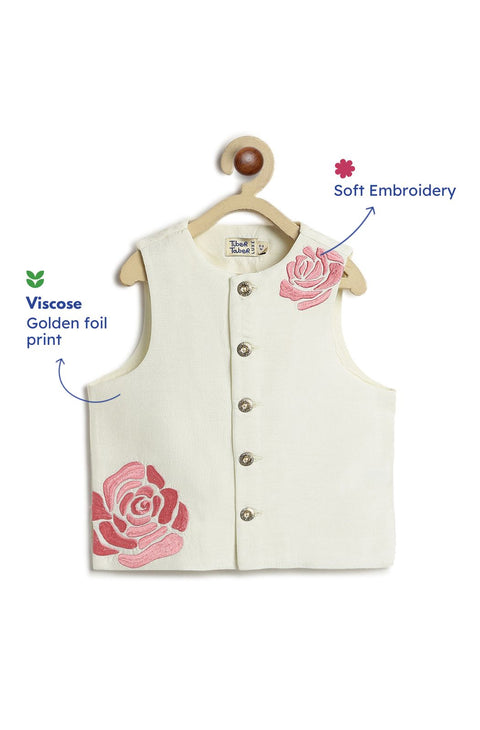 Pre-Order: Boy Floral Embroidery 3 Pc Bundi Set - Cream