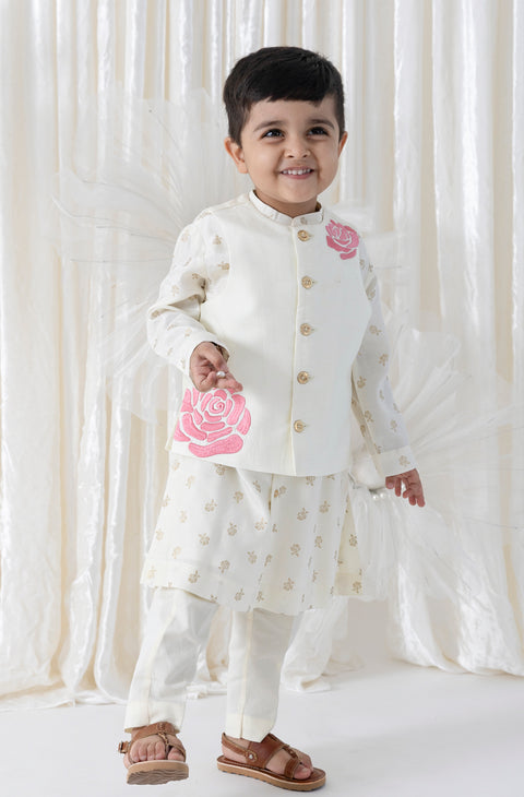 Pre-Order: Boy Floral Embroidery 3 Pc Bundi Set - Cream