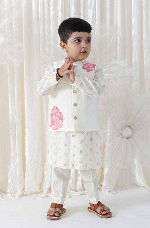 Pre-Order: Boy Floral Embroidery 3 Pc Bundi Set - Cream