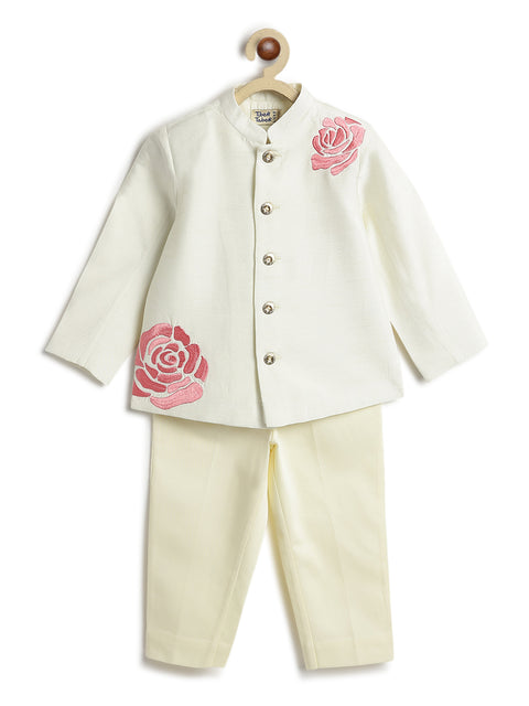 Pre-Order: Boy Floral Embroidery Bandhgala Set - Cream