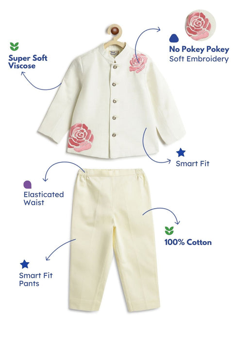 Pre-Order: Boy Floral Embroidery Bandhgala Set - Cream
