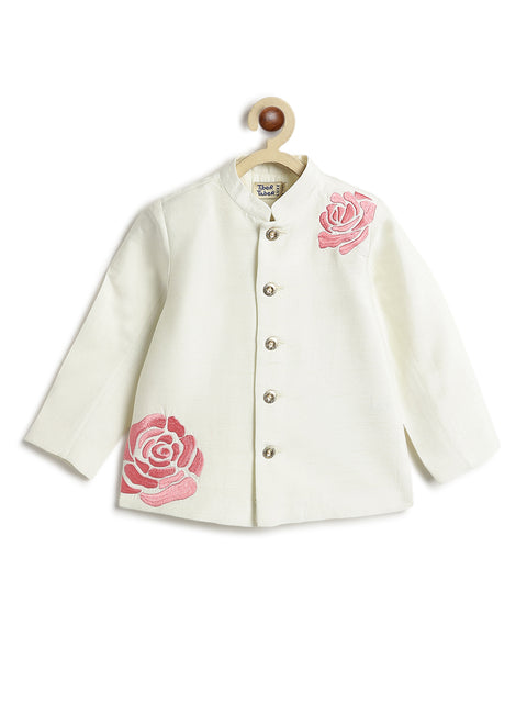Pre-Order: Boy Floral Embroidery Bandhgala Set - Cream