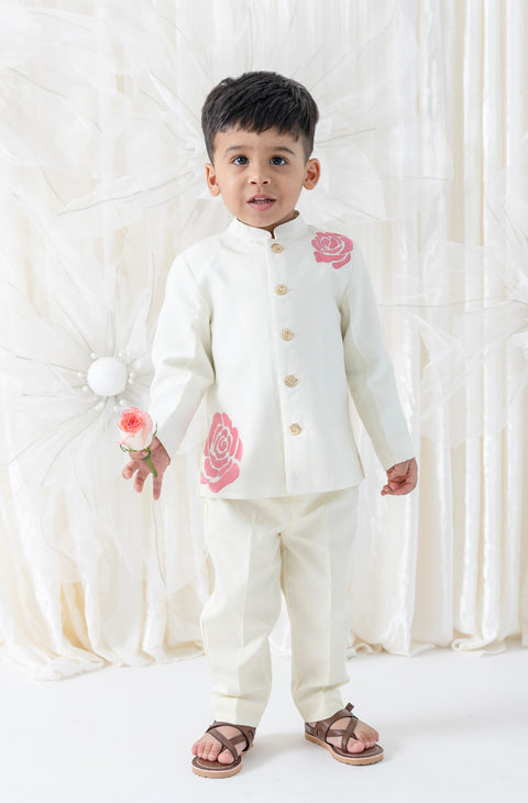 Pre-Order: Boy Floral Embroidery Bandhgala Set - Cream