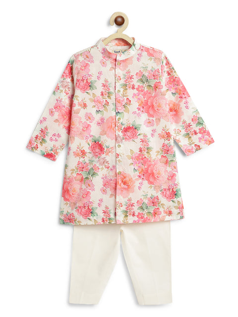 Pre-Order: Boy Floral Kurta Pant Set - Cream