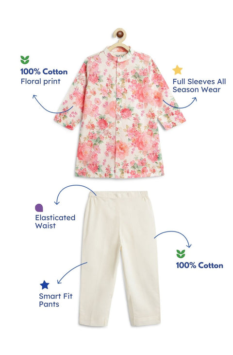 Pre-Order: Boy Floral Kurta Pant Set - Cream