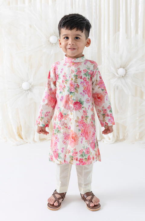 Pre-Order: Boy Floral Kurta Pant Set - Cream