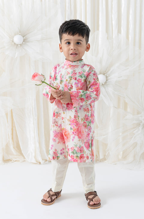 Pre-Order: Boy Floral Kurta Pant Set - Cream