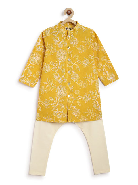 Pre-Order: Boy Floral Kurta Pyjama Set-Yellow
