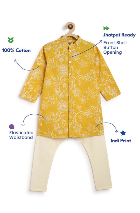 Pre-Order: Boy Floral Kurta Pyjama Set-Yellow