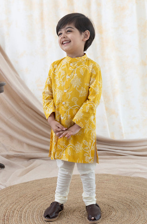 Pre-Order: Boy Floral Kurta Pyjama Set-Yellow