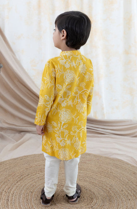 Pre-Order: Boy Floral Kurta Pyjama Set-Yellow
