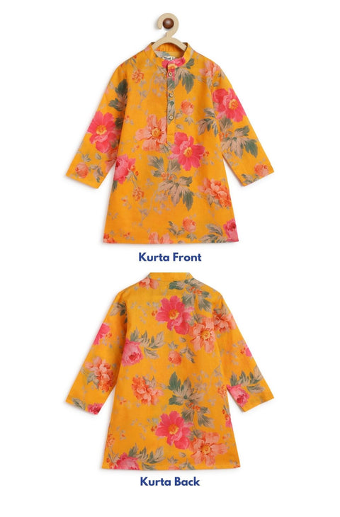 Boys Budding Hero Kurta Pyjama Set - Yellow