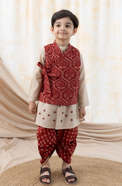 Pre-Order: Boy Floral Print 3 Pc Bundi Set-Maroon