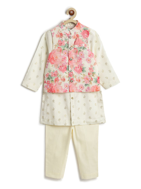 Pre-Order: Boy Floral Print 3 Pc Bundi Set - Cream