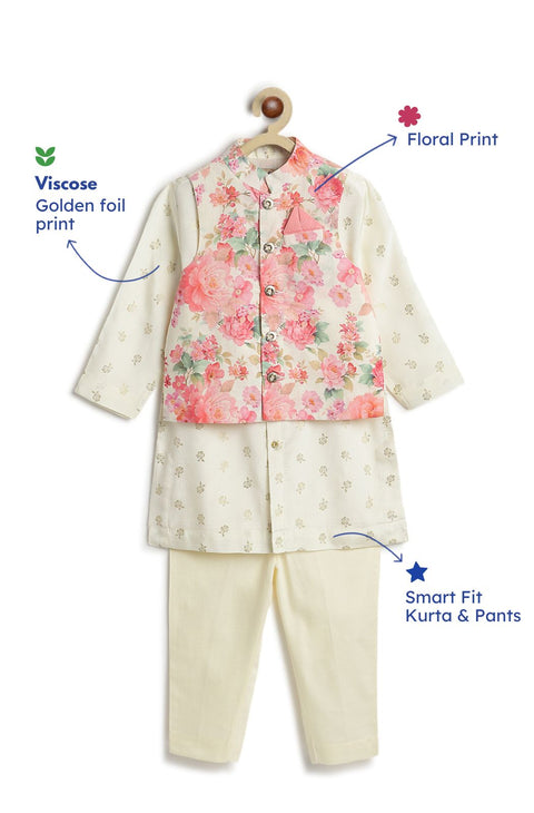 Pre-Order: Boy Floral Print 3 Pc Bundi Set - Cream