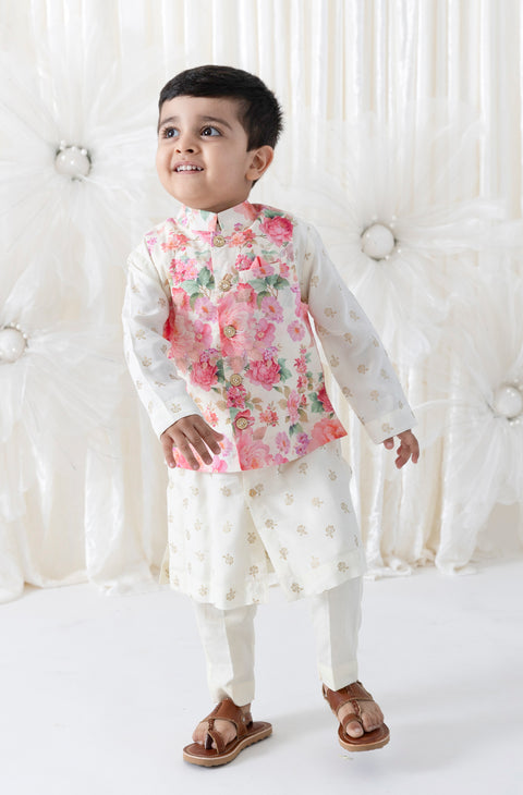 Pre-Order: Boy Floral Print 3 Pc Bundi Set - Cream