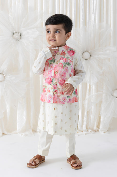 Pre-Order: Boy Floral Print 3 Pc Bundi Set - Cream