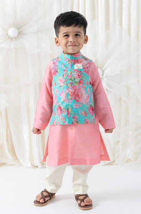 Pre-Order: Boy Floral Print 3 Pc Bundi Set - Pink