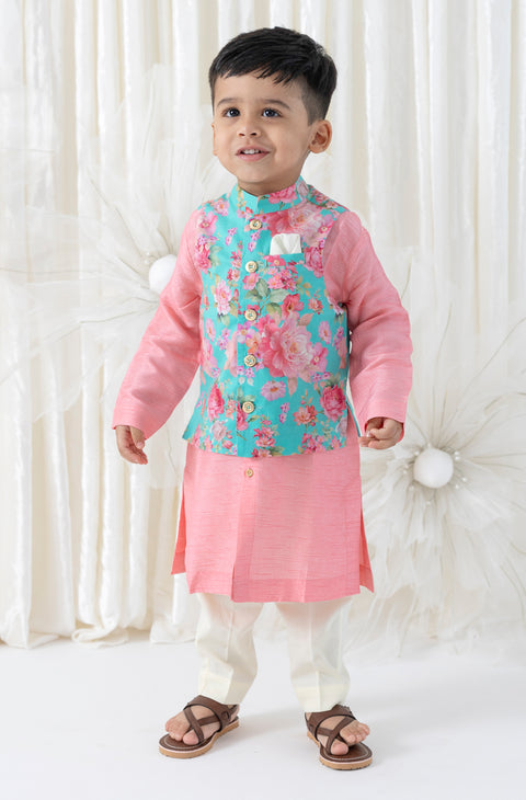Pre-Order: Boy Floral Print 3 Pc Bundi Set - Pink