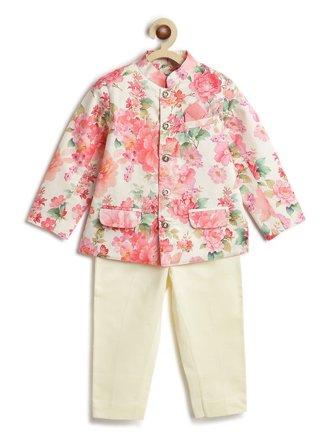 Pre-Order: Boy Floral Print Bandhgala Set - Cream