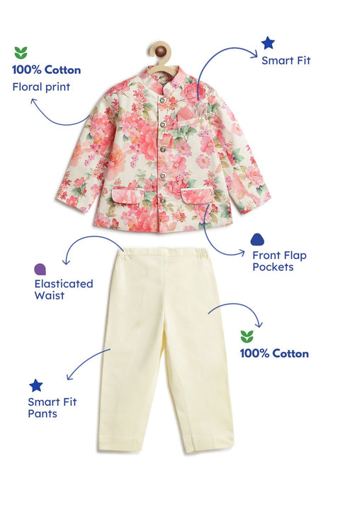 Pre-Order: Boy Floral Print Bandhgala Set - Cream