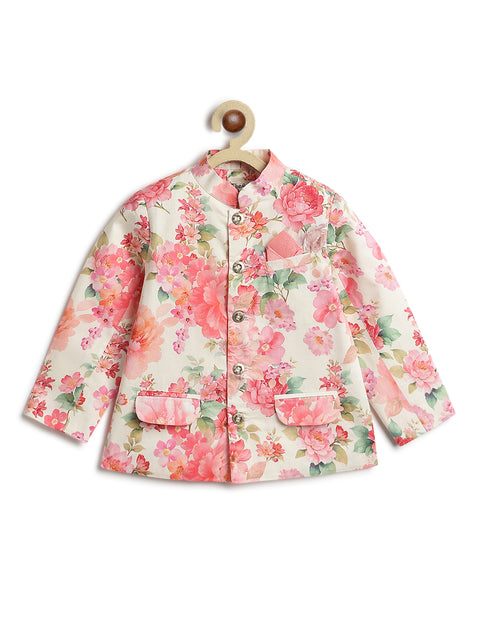 Pre-Order: Boy Floral Print Bandhgala Set - Cream