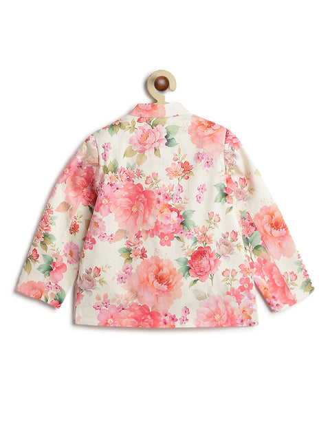 Pre-Order: Boy Floral Print Bandhgala Set - Cream