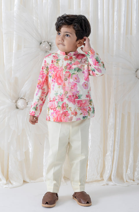 Pre-Order: Boy Floral Print Bandhgala Set - Cream