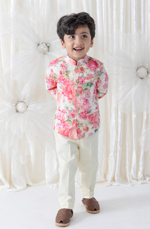 Pre-Order: Boy Floral Print Bandhgala Set - Cream