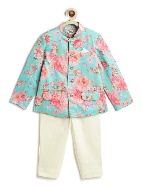 Pre-Order: Boy Floral Print Bandhgala Set - Blue