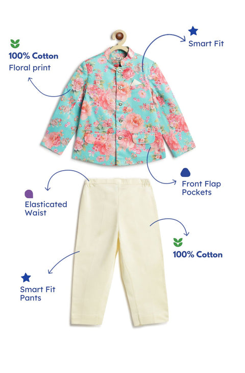 Pre-Order: Boy Floral Print Bandhgala Set - Blue