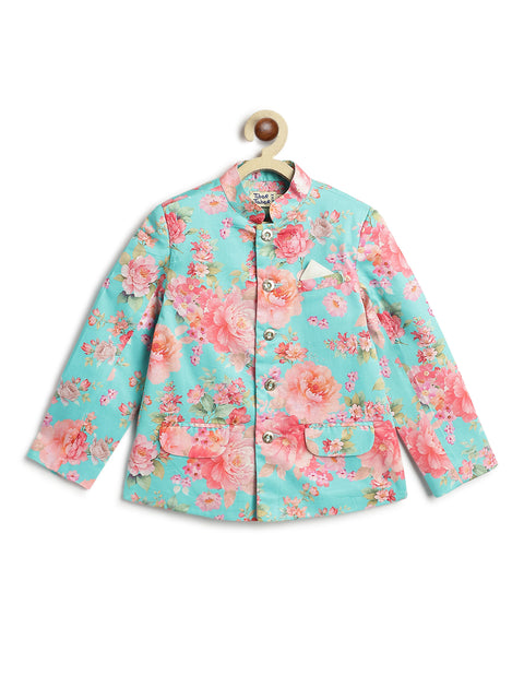 Pre-Order: Boy Floral Print Bandhgala Set - Blue